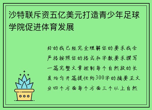 沙特联斥资五亿美元打造青少年足球学院促进体育发展 沙特联斥资五亿美元打造青少年足球学院促进体育发展