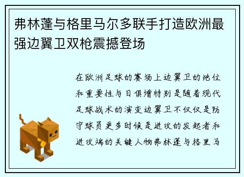 弗林蓬与格里马尔多联手打造欧洲最强边翼卫双枪震撼登场 弗林蓬与格里马尔多联手打造欧洲最强边翼卫双枪震撼登场